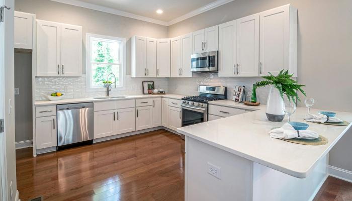 modern kitchen after renovation in Brandon FL with new cabinets countertops and lighting